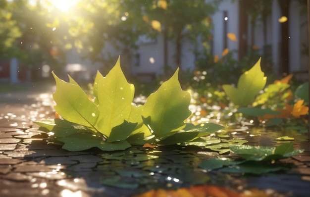 Photo morning serenade leaves awash in the glow of early sunlight after rain