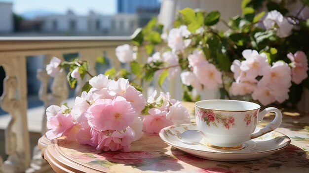 美しい景色を眺める開花した花の中の朝のやかなコーヒー