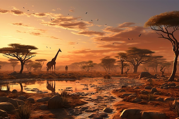 Утренние тихие жирафы прогуливаются по африканской саване