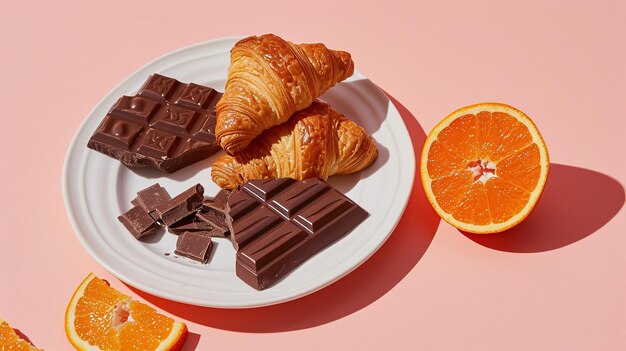 A morning setup with freshly baked croissants chocolate bars and a sliced orange cast in warm