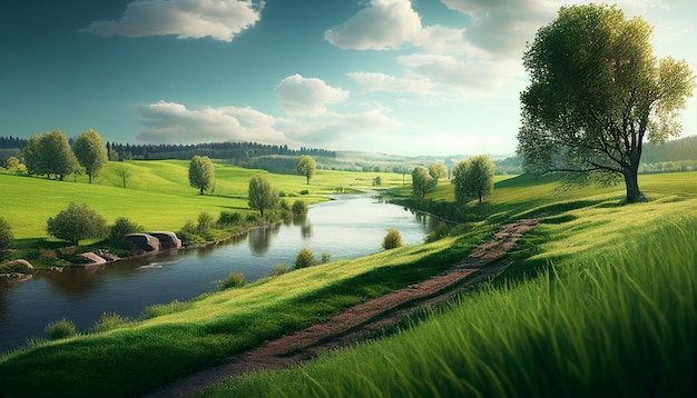 Morning Spring Landscape featuring Blue Sky and Green Grass Field