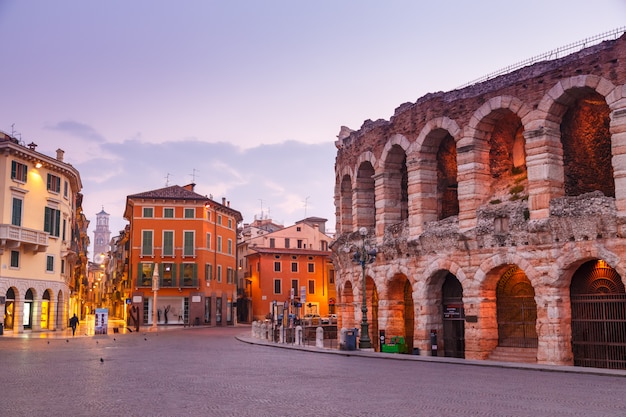 Morning in the streets of Verona near the Coliseum Arena di Verona. Italy.