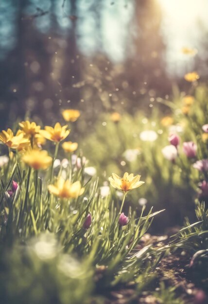 Morning summer or spring Beautiful wildflowers with dew drops at dawn light blur selective focus Shallow depth of field