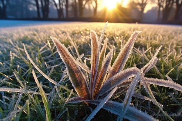 Morning sun illuminating diamond dust on frosted grass created with generative ai