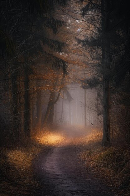 Morning sun rays pierce through the mist in a coniferous forest creating a mystical ambiance on a tranquil path