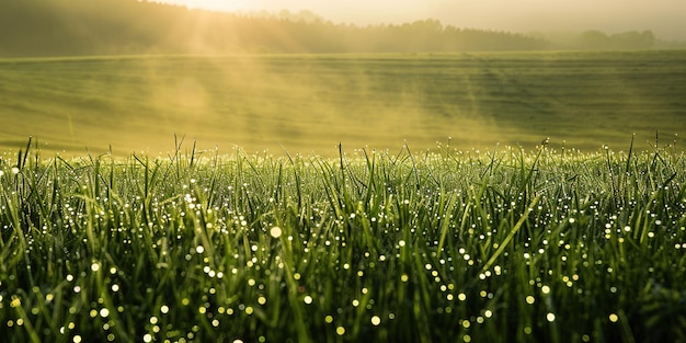 Morning sunlight falls on lush green grass in dew The dew sparkles like a diamond in the soft light