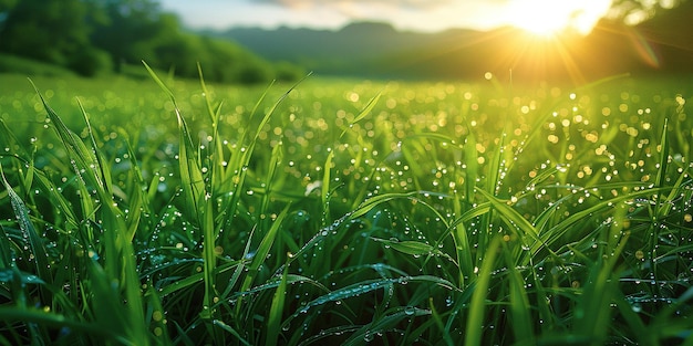 Утренний солнечный свет падает на пышную зеленую траву в росе. Роса мерцает, как бриллиант в мягком свете.