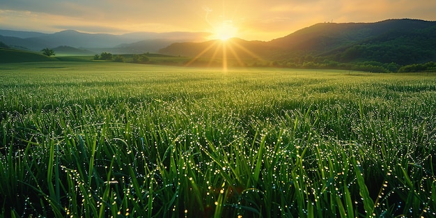 写真 朝の太陽の光は 茂った緑の草の上に落ちて 露は柔らかい光の中で ダイヤモンドのように輝きます