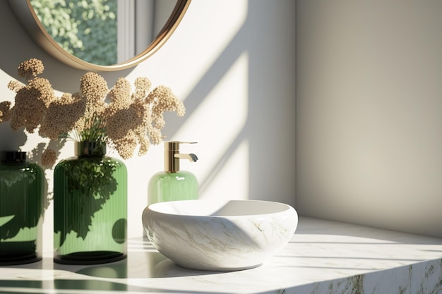 Morning sunlight a granite wall elegance beige and a close up perspective of a blank empty area on a marble vanity unit counter top with a white ceramic porcelain vessel sink and faucet