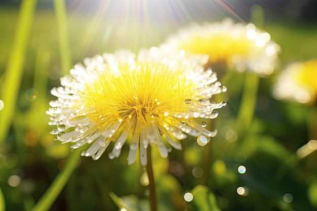 Morning sunlight illuminates water droplets on a Dandelion flower close up creating bokeh lights Dan