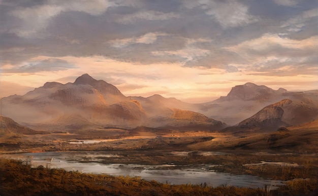 Morning sunny landscape sunrise in the mountains the yellow dawn sky the sun illuminates the clouds and the peaks of the mountain ranges magical fantasy landscape illustration