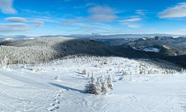 Morning sunny winter mountain view Carpathian