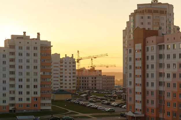 Morning sunrise scene of apartment district in Grodno, Belarus