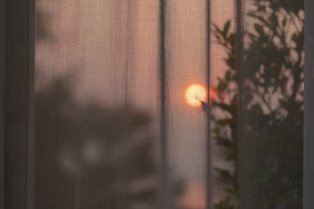 Morning sunrise behind white curtain and glass window