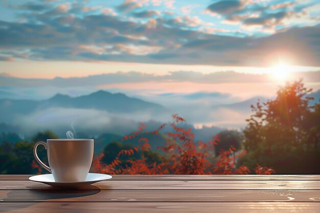 Foto tazza di caffè al sole mattutino su un balcone in legno rendering 3d