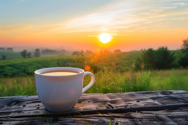 Foto tazza di tè mattutina con vista sull'alba di un prato