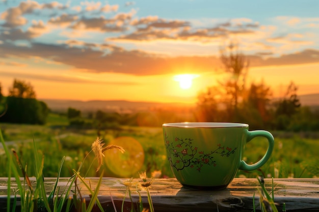 Foto tazza di tè mattutina con vista sull'alba di un prato