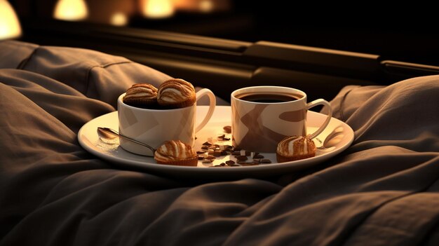 Morning treat with coffee cups in bed