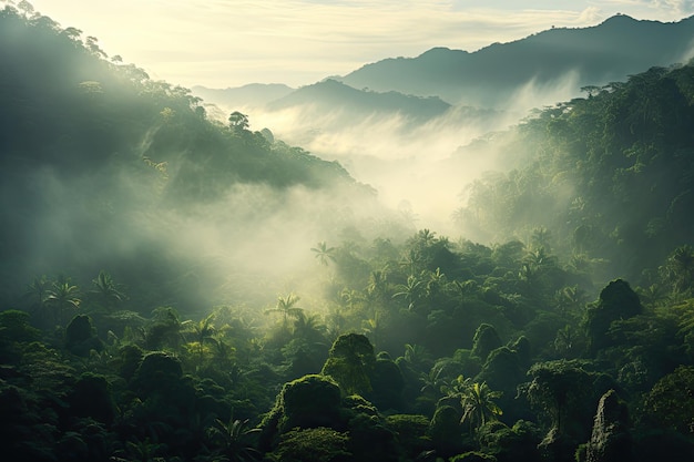 Morning in tropical forest with the fog and low clouds between the hills