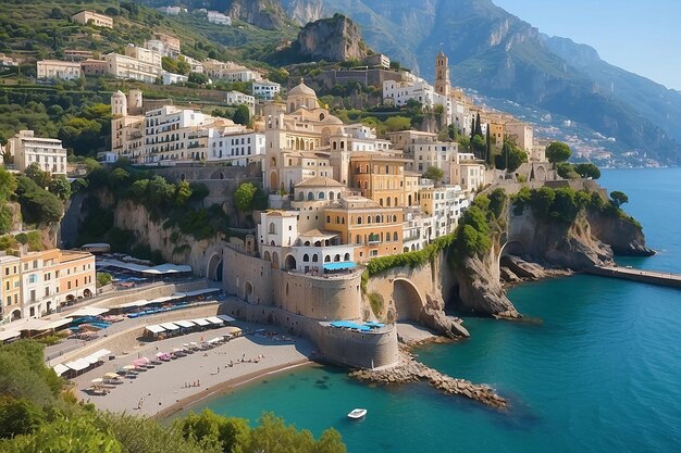 Morning view of Amalfi cityscape on coast line of mediterranean sea Italy