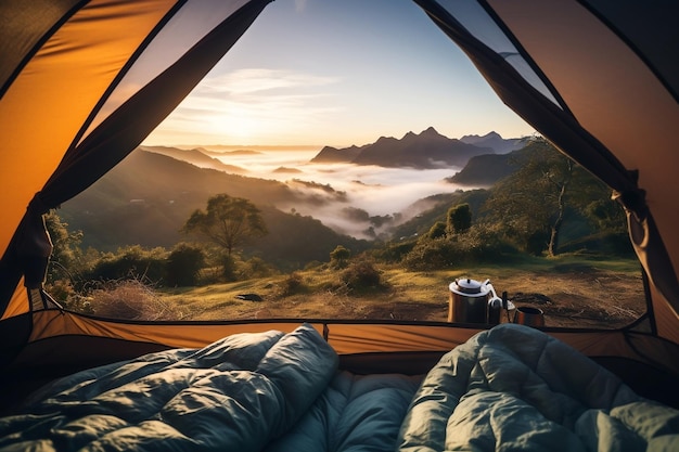 Morning view from a camping tent with a sleeping arrangement Generative Ai