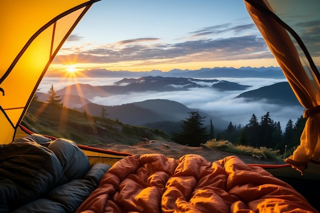 Morning view from a camping tent with a sleeping arrangement Generative Ai