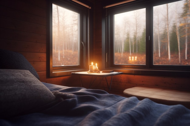 Morning View from Modern Wooden Cabin Hotel Room Overlooking Forested Mountains