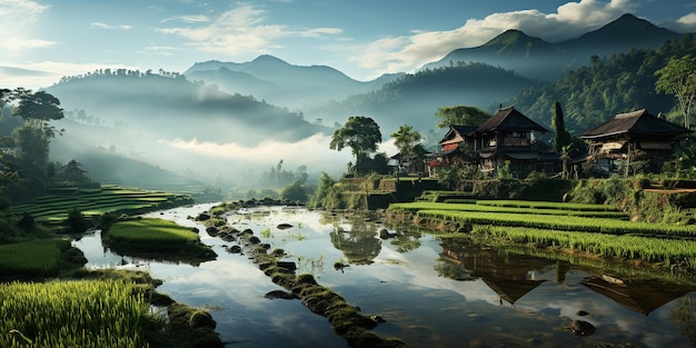 morning view rice field in bali indonesia