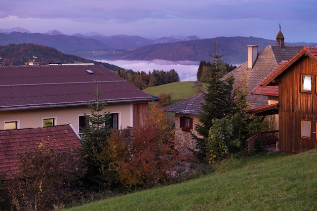 Morning in the village. beautiful landscape  - beautiful farm in the mountains at sunrise