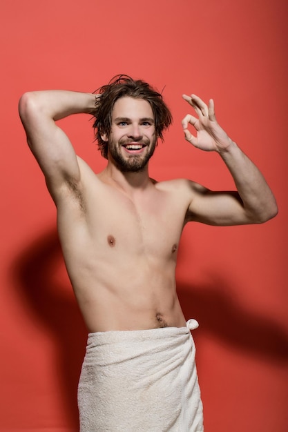 Morning wake up of man with beard and long hair