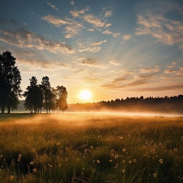 Photo morning whispers a minimalist meadow at sunrise