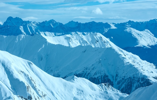 아침 겨울 Silvretta 알프스 풍경 티롤, 오스트리아.