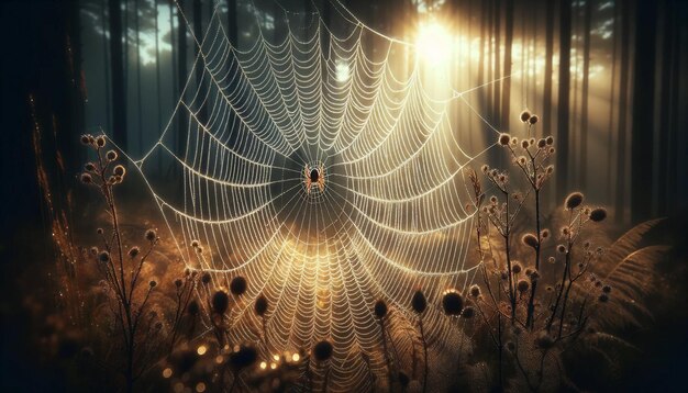 Mornings Delicate Lace A Spiders Web Glistens in the Sunrise Haze