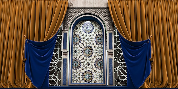 Moroccan arc door with blue and golden curtains on the side and arabesque style islamic vip concept ramadan eid mubarak blue and gold curtains 3D render