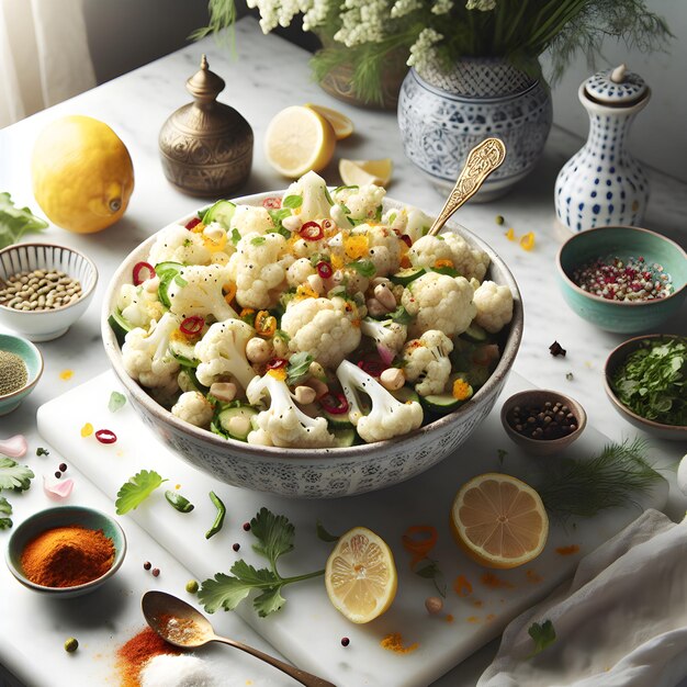 Moroccan Cauliflower Salad on Marble Counter