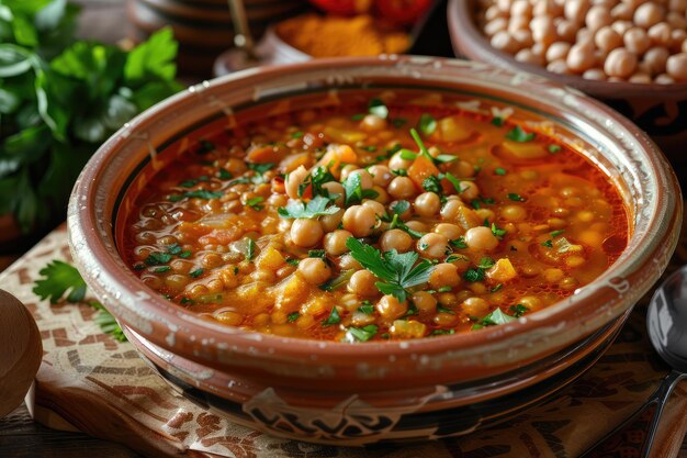 Photo moroccan harira soup with lentils chickpeas and spices traditional morocco harira soup