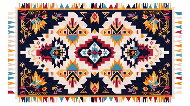 Moroccan kilim rug with geometric pattern Long rectangle carpet with fringe with Oriental design Modern illustration on white