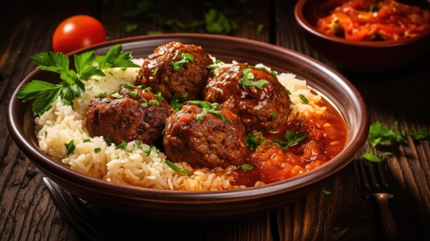 モロッコ の 肉丸 と 辛い トマト と 杏仁 の ソース と 沸かさ れ た 米 を 植民地 の 卓上 に 置い て いる