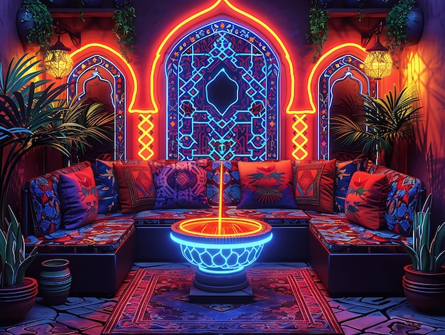 Foto patio in stile marocchino con una fontana di piastrelle in mosaico e una vibrante stanza interna neon light vr concept