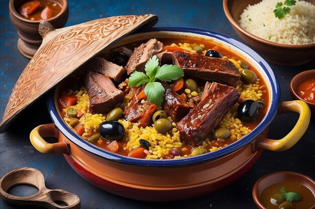 Moroccan tagine with lamb ribs couscous and olives