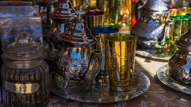 Moroccan tea set at a medieval fair in Spain