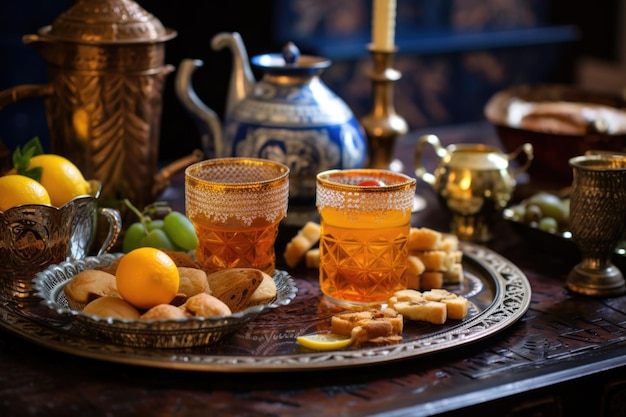 Photo moroccan teapots glasses and traditional dessert on a carved tray