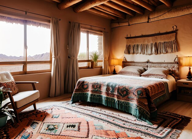 Марокканская подвеска над деревянной кроватью. Богемный или эклектичный дизайн интерьера современной спальни.