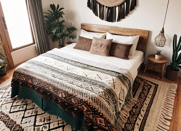 나무 침대 위에 걸려 있는 모로코 벽 보헤미안 또는 현대 침실의 절충주의 인테리어 디자인