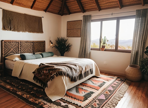 나무 침대 위에 걸려 있는 모로코 벽 보헤미안 또는 현대 침실의 절충주의 인테리어 디자인