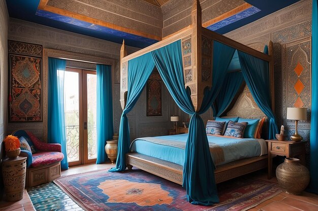 Photo moroccaninspired bedroom with intricate textiles and a canopy bed