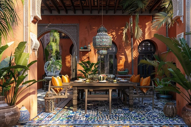 Moroccaninspired outdoor dining space with mosaic