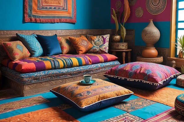 Moroccaninspired sitting area with floor cushions and vibrant patterns