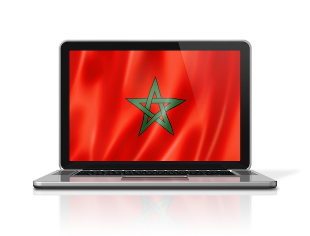 Morocco flag on laptop screen isolated on white. 3D illustration render.