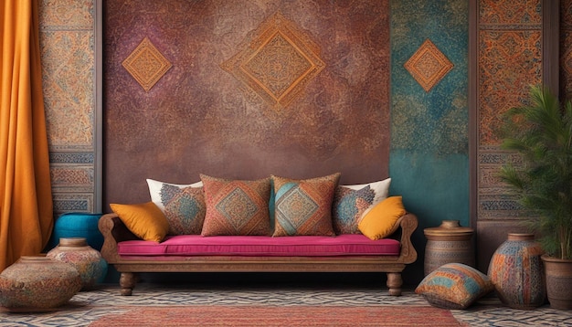 Photo morocco interior style colorful asian pillows on the couch near wall